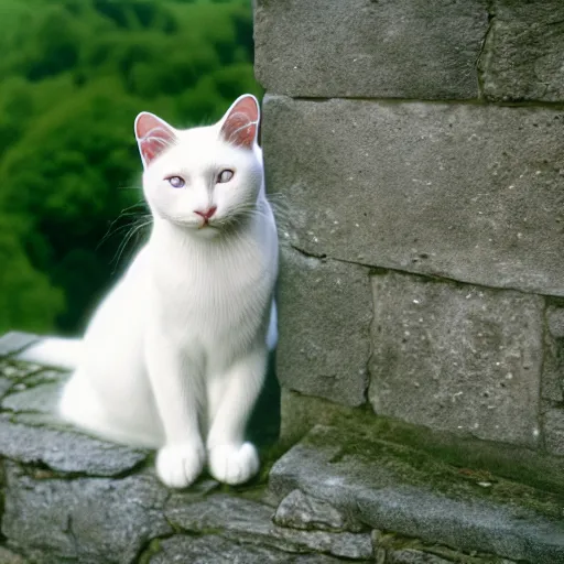 Prompt: a white cat with blue eyes singing to the sound of music, austria, film still, sound of music, 4 k, 8 k