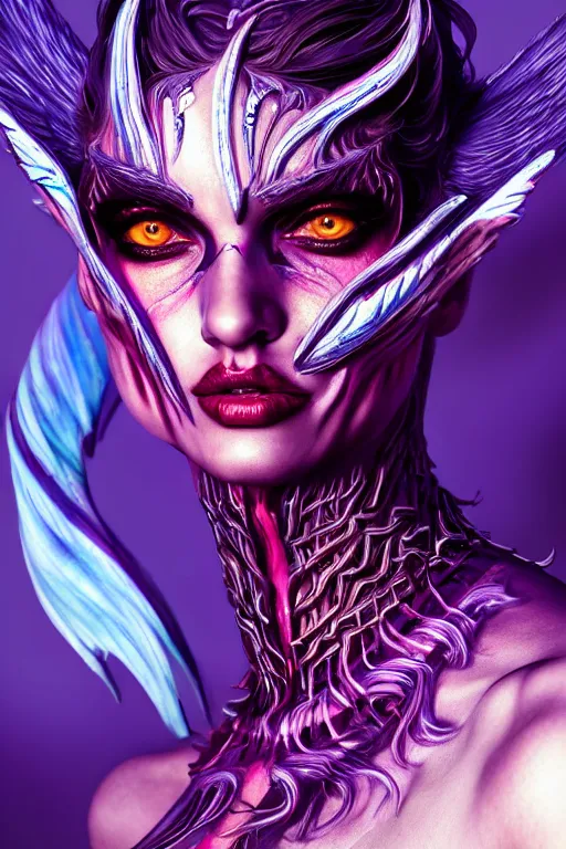 Image similar to hyper detailed ultra sharp of a beautiful azazello is one of the demonic and mystical characters in the work, a negative character in biblical stories, a fallen angel who opposed the will of god. various reference for artists, facial expressions, trending on artstation, neon colors, hyper detailed, digital art, cinematic lighting, concept art by artgerm, 8 k