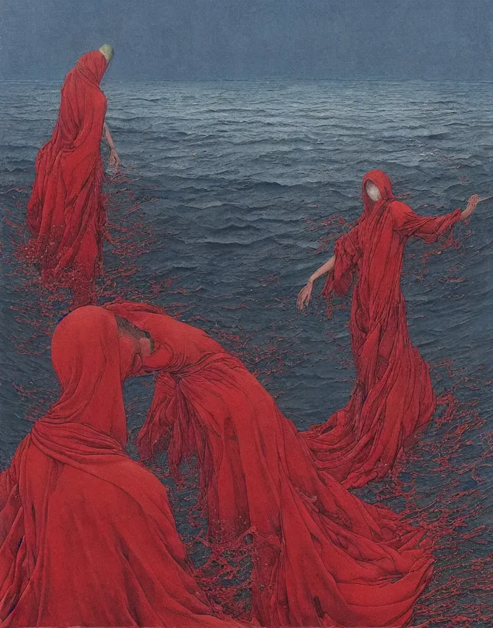 Prompt: worshippers in red robes wading through waves, high detailed beksinski painting, part by adrian ghenie and gerhard richter. art by takato yamamoto. masterpiece, deep colours, blue