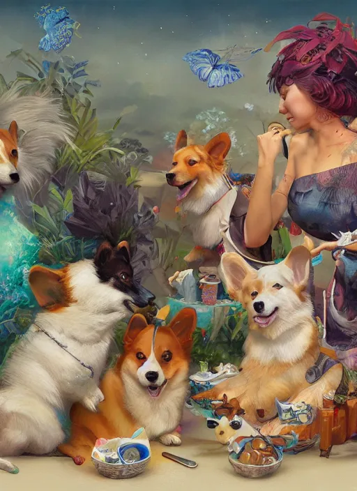 Image similar to beautiful fantasy painting scene of a hiphop summer corgi party, by Kenne Gregoire, James Jean, Tran Nguyen, WLOP, Jakub Rebelka. trending on Artstation, 8k, masterpiece, summer, graffiti paint, fine detail, full of color, intricate detail, golden ratio illustration