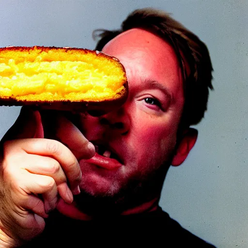 Image similar to alex jones eating a huge twinkie, high definition, color film,