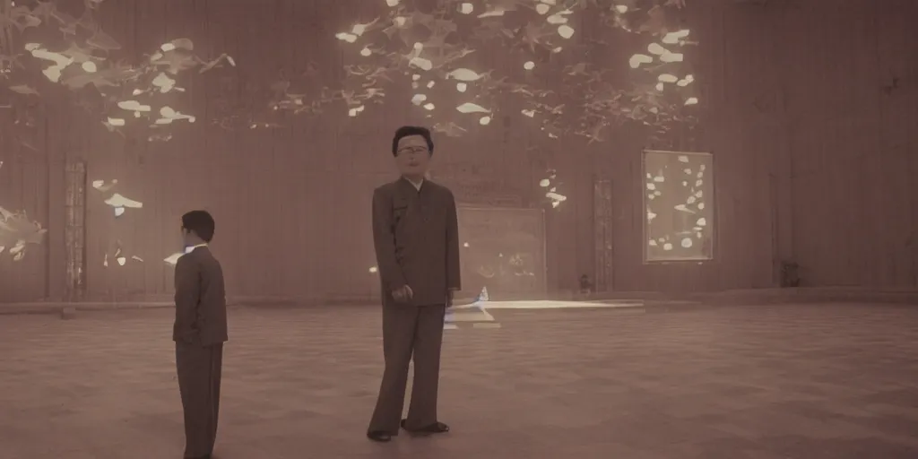 Image similar to light coming out of one starfish - like kaiju anthropomorphic monster, korean film noir, korean traditional palace, kim jong - il standing, pyongyang city, 1 9 6 0 s, red color bleed, 4 k, video compression, video glitch, monochrome, akira kurosawa, mamoru oshii, wes anderson, stanley kubrick