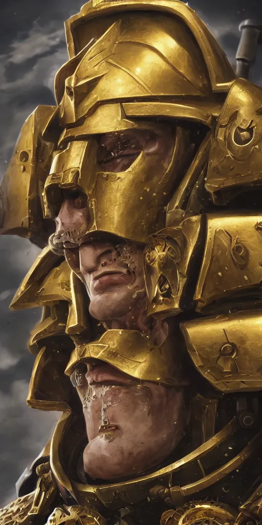 Prompt: warhammer 40k, half-lenght portrait of Emperor of Mankind, beautiful man without helmet, gold armor, beautiful face, long blonde hair, digital art, illustration, fine details, cinematic, highly detailed, octane render