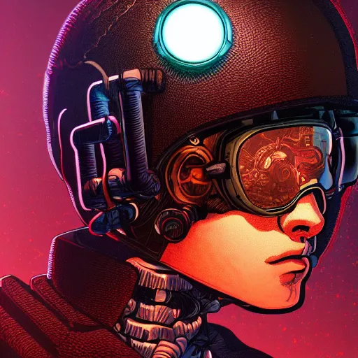 Image similar to in the style of max prentis and deathburger and laurie greasley a close up of a young explorer wearing a cyberpunk headpiece sitting connected to an ancient and huge mechanical head, highly detailed, 8k wallpaper