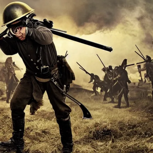 Image similar to Photo of a man wearing a combat helmet on his head aiming a musket, postapocalyptic