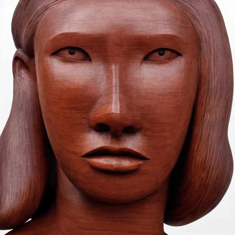 Image similar to public sculpture minimalist portrait of a powerful asian woman wearing pigtails, beautiful symmetrical face accurate face detailed face realistic proportions, carved out of mahogany wood on a pedestal by stephan balkenhol and martin puryear, hyperrealistic dramatic lighting shocking detail trending on artstation 8 k