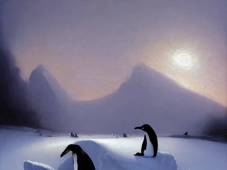 Image similar to an oil painting of a penguin playing in pure white snow on a misty glacier at dusk. aurora. by tuomas korpi moebius and carl spitzweg. baroque elements. intricate artwork by caravaggio. oil painting. oil on canvas. award winning. dramatic. trending on artstation. 8 k