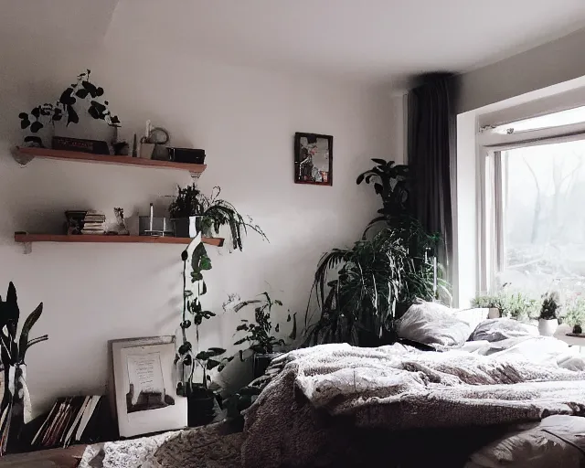 Prompt: a photo of a cosy bedroom, filmic, vhs, 9 0 s footage, relaxing, houseplants