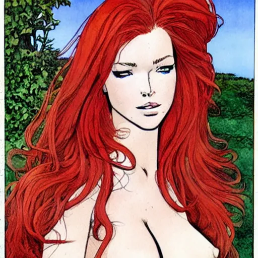 Image similar to a beautiful redhead girl, milo manara style