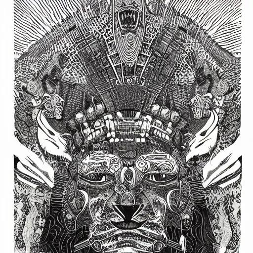 Image similar to b & w illustration of mayan jaguar warrior, resolved, showing conviction or humor by a gloomy silence or reserve, by studio multi and victo ngai, malika favre, william s burroughs, cut up film