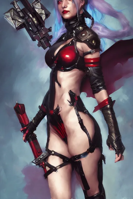 Image similar to portrait of succubus Harley Quinn in bikini armor, dc comics, cyberpunk, Warhammer 40000, dark fantasy, digital art from artstation by Ruan Jia and Mandy Jurgens and Artgerm and william-adolphe bouguereau