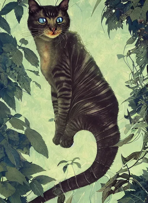 Image similar to a hyper realistic ink cat alien technology and sunbeams blue sky, lush forest foliage painting by chiara bautista and norman rockwell and greg rutkowski weta studio, and lucasfilm