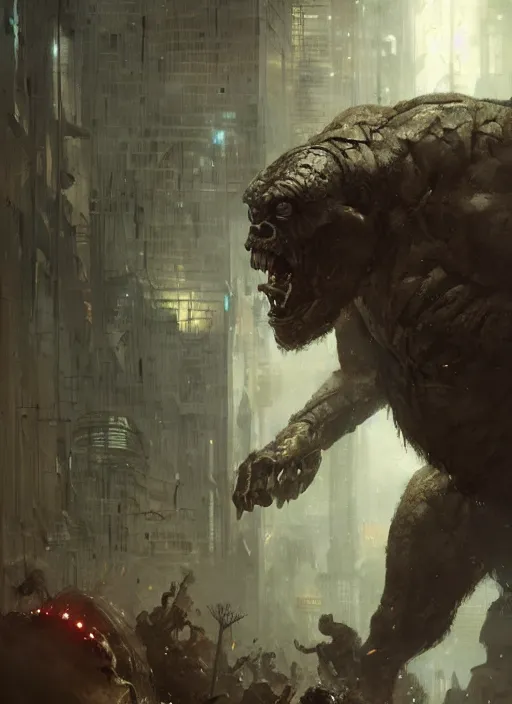 Image similar to cyborg!!!! king kong, greg rutkowski, 8 k, shallow depth of field, intricate detail, concept art,