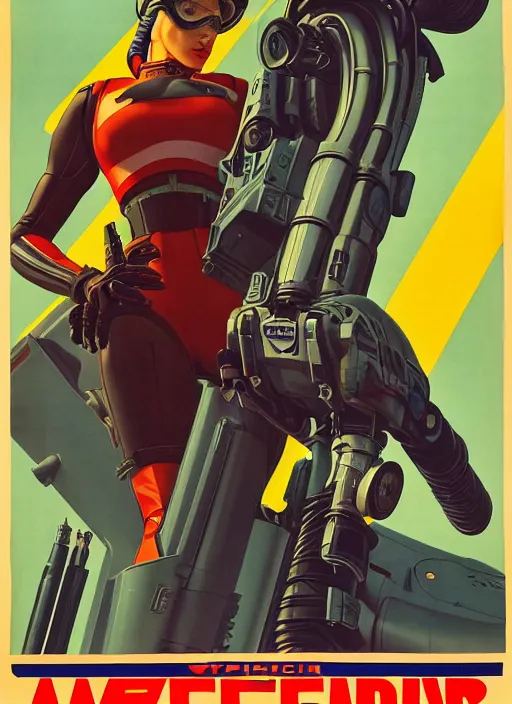 Image similar to american propaganda poster. powerful cyberpunk pilot. portrait by jean giraud and anton otto fischer and john philip falter and will eisner and gil elvgren and pixar. full body. realistic proportions. science fiction d & d. overwatch, rb 6 s, cyberpunk 2 0 7 7, blade runner 2 0 4 9. cel shading. thick lines.
