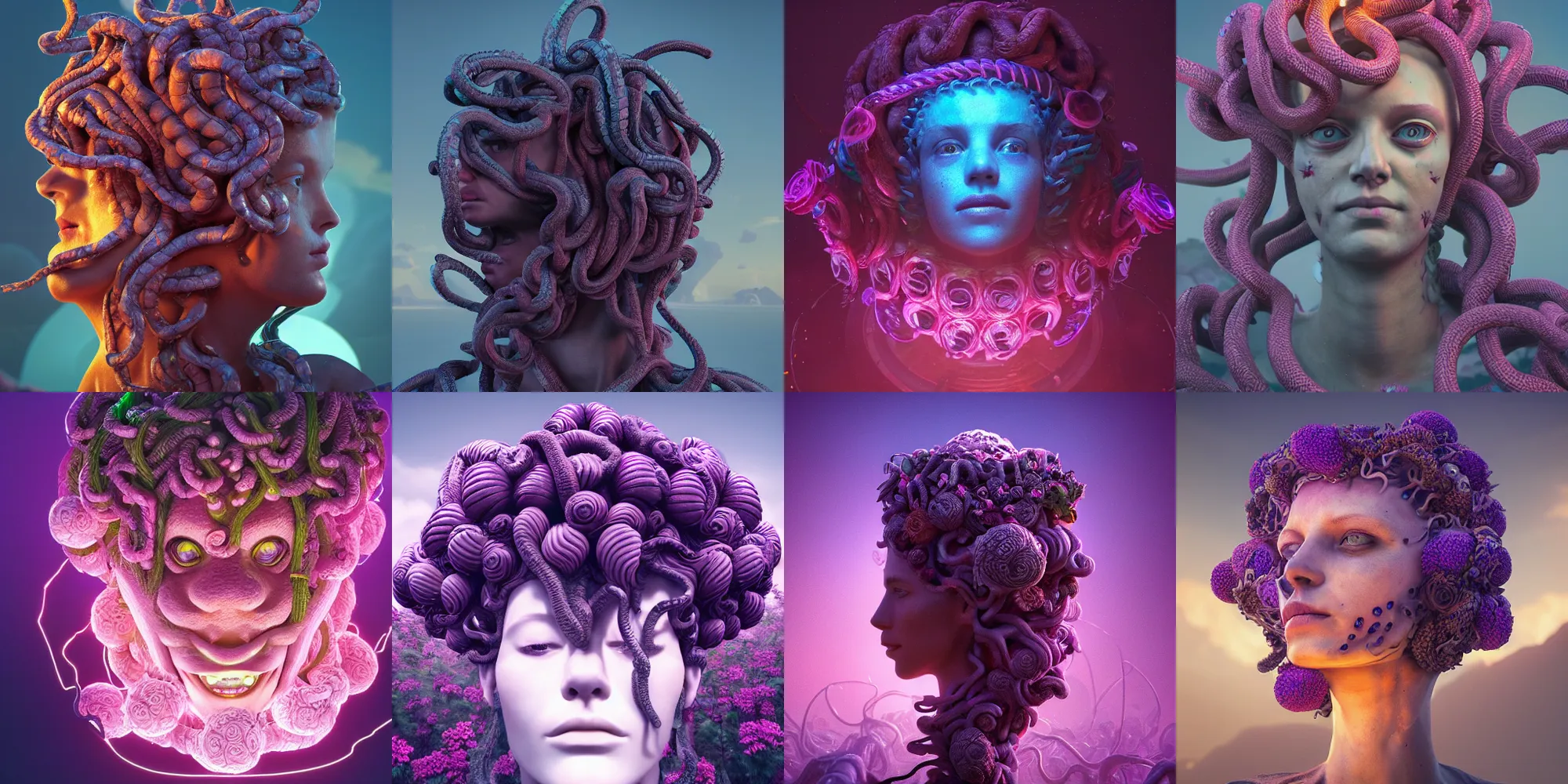 Image similar to medusa gorgon head, beautiful flowers, beautiful dark landscape, in the style of beeple and mike winkelmann, intricate, epic lighting, cinematic composition, hyper realistic, 8 k resolution, unreal engine 5, raytracing, ultraviolet colors,