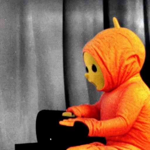 Image similar to colorized echography of a fetus teletubbie watching TV in his mother’s womb