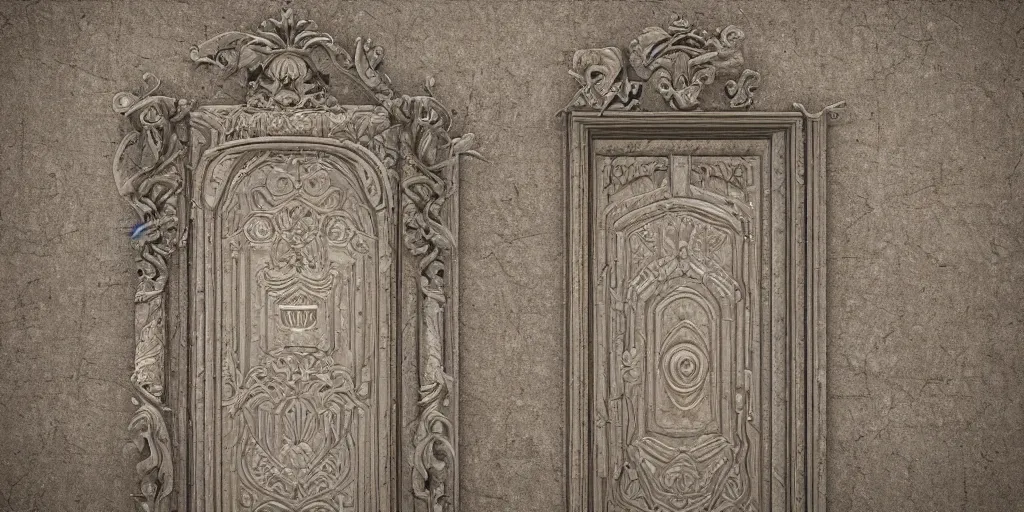 Prompt: 3 d render of a mystical door, ultra detailed with carved stone