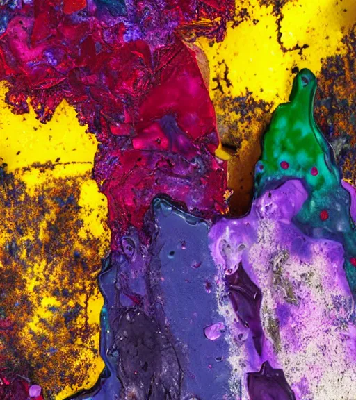 Image similar to mold corrosion abstract 3 d sculpture red purple green dark blue yellow cinematic lighting, highly detailed 8 k