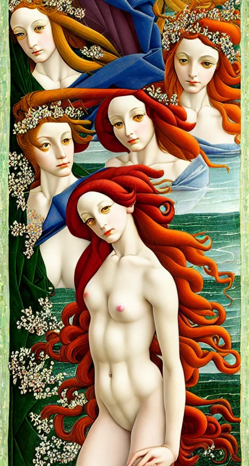 Image similar to 12 figures, representing the 4 seasons, (3 as Spring), (3 as Summer), (3 as Autumn) and (3 as Winter), in a mixed style of Botticelli and Æon Flux, inspired by pre-raphaelite paintings, shoujo manga, and Möbius, stunningly detailed, elaborate inking lines, pastel colors, 4K photorealistic