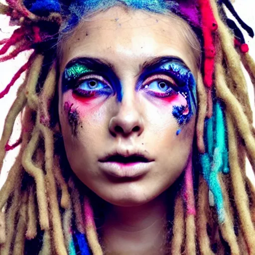 Prompt: astonishingly beautiful woman in tattered clothes revealing body, blonde dreadlocks, make up, vivid colors