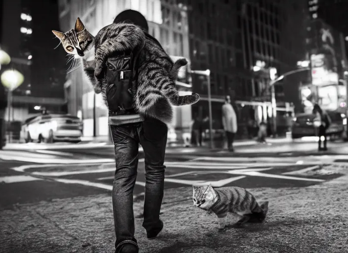 Image similar to photography of a Cat being carried in a backpack . in a new york street. award winning photo, led lighting, night, 130mm, sharp, high res