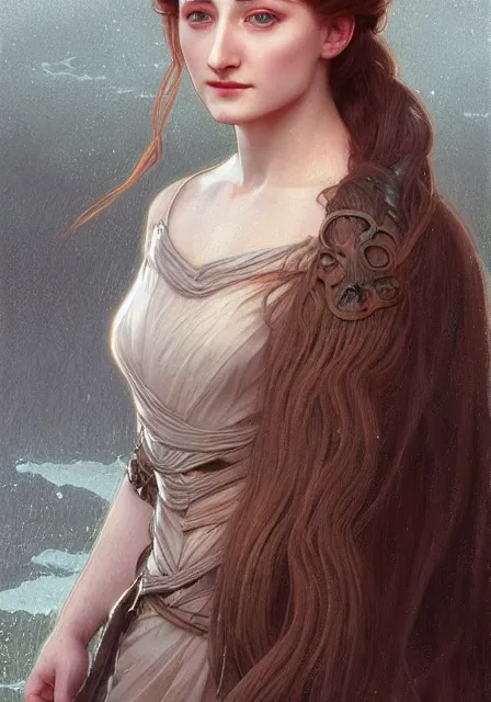 Image similar to portrait of sansa stark with long hair, intricate, elegant, highly detailed, digital painting, artstation, concept art, smooth, sharp focus, illustration, art by artgerm and greg rutkowski and alphonse mucha and william - adolphe bouguereau