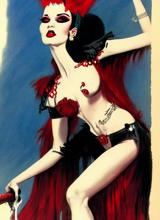 Image similar to goth girl burlesque psychobilly punk, detailed face, white background, drawing, illustration by frank frazetta and boris vallejo