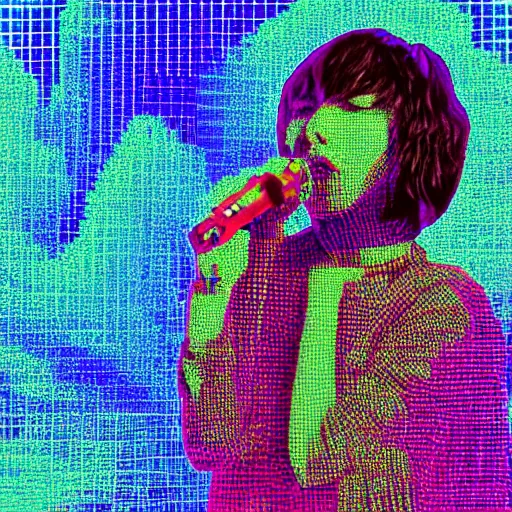 Image similar to Karen O of the Yeah Yeah Yeahs. Glitch effect. Pixel glitch. Chromatic Aberration. data moshing glitch art. 4k.