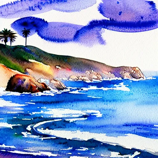 Image similar to a beautiful watercolor and pen painting of the california coastline