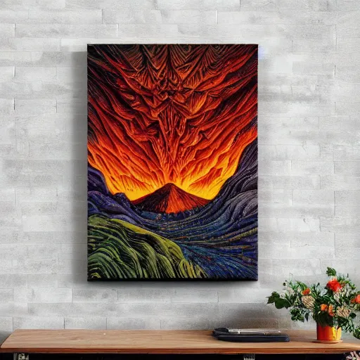 Image similar to vulcano, lava, trees on fire, surreal by dan mumford and umberto boccioni, oil on canvas