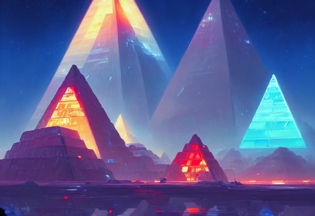 Image similar to a small chubby futuristic pyramid with neons at dawn, intricate oil painting, high detail illustration, sharp high detail, manga and anime 1 9 9 9, official fanart behance hd artstation by jesper ejsing and makoto shinkai, 4 k,