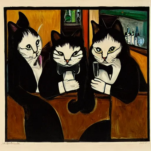 Prompt: three cats drinking in a bar, Munch