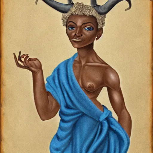 Prompt: digital painting of a satyr woman with horns, dark skin tone, short white hair, wearing blue clothes and a blue robe