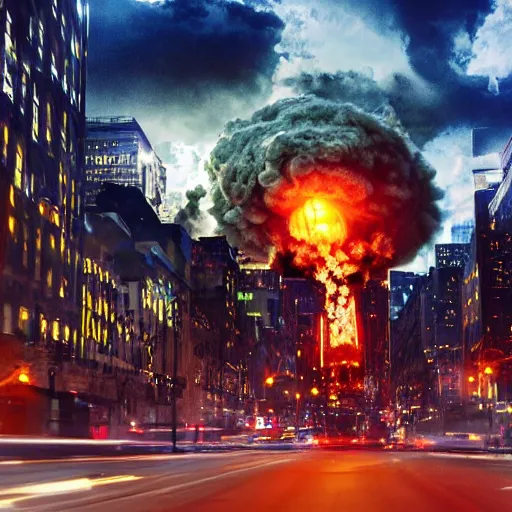 Prompt: centered action photography shot of extremely detailed hyper realistic nuclear bomb explosion in a city, professional film photography, 8 k, cinematic framing, cinematic lighting