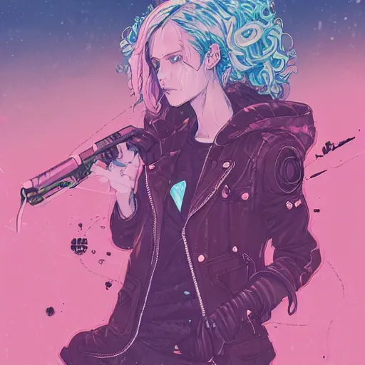 Image similar to a long long long shot in wielding pose of a grungy cyberpunk anime, very cute, by super ss, cyberpunk fashion, curly pink hair, night sky by wlop, james jean, victo ngai, muted colors, highly detailed