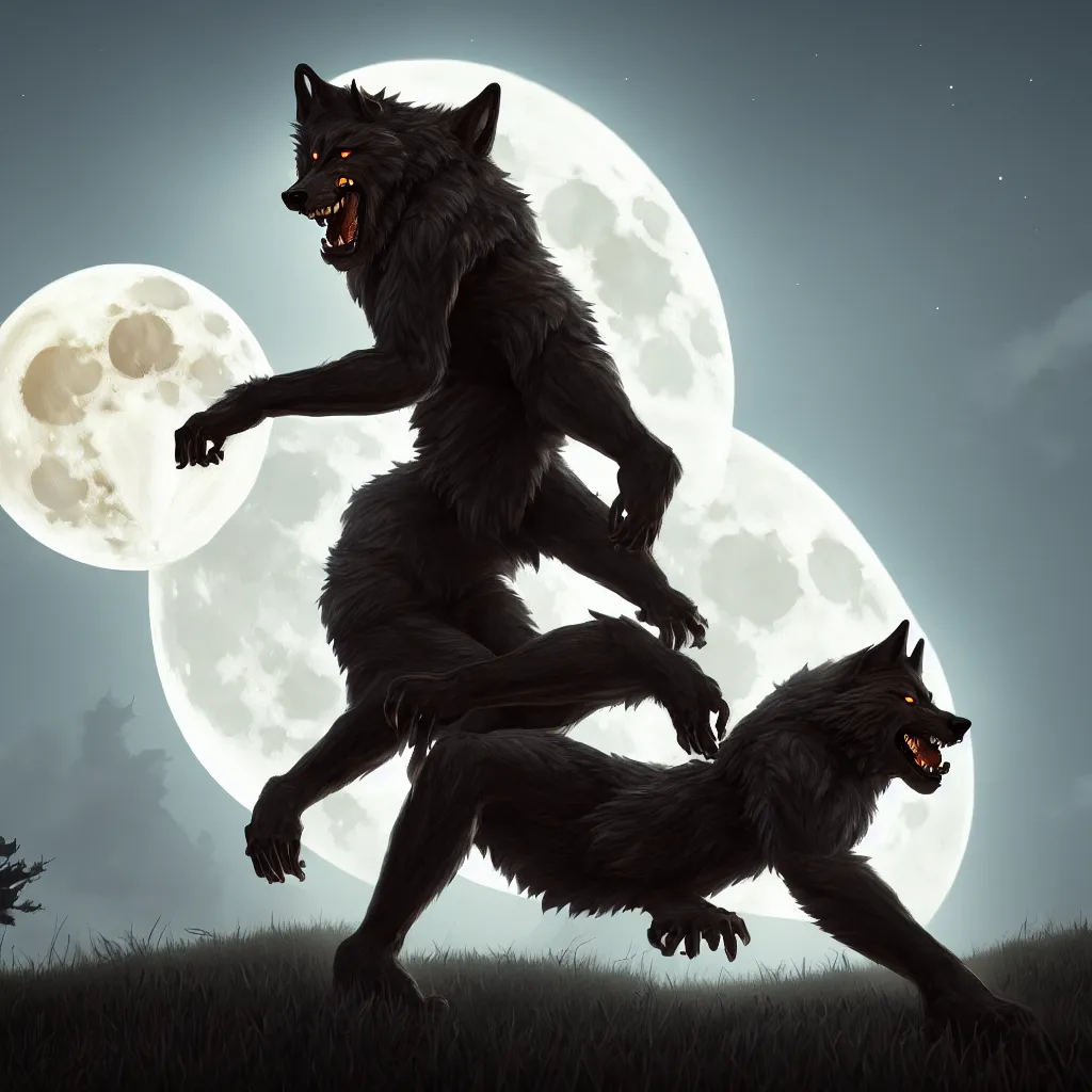 Prompt: Beautiful painting of a werewolf with a full moon in the background, trending on artstation, unreal engine, 4k