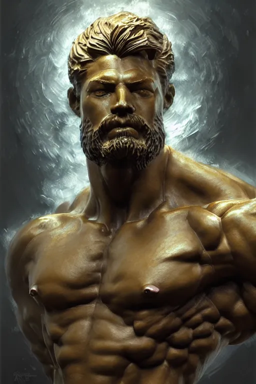 Image similar to portrait of dog as god by greg ruthkowski and craig mullins, norse statue, gorgeous, amazing, flowing hair, muscular, very muscular male body, intricate, highly detailed, 8 k, digital painting