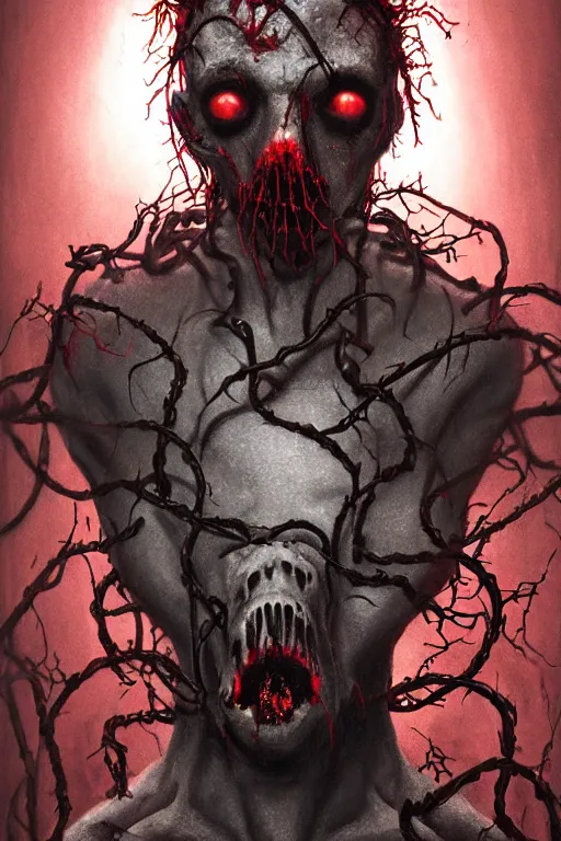 Image similar to realistic portrait beautiful detailed matte painting of cinematic movie scene a full body zombie with a gas mask, tentacles, black and red, thorns, vines, horror, created by gustave dore and greg rutkowski, high detailed, smooth draw, synthwave neon retro, intricate, realistic proportions, dramatic lighting, trending on artstation.