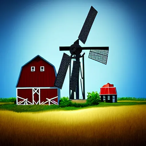 Image similar to farm theme, linux, windmill, broken pipe, 3 d art, digital illustration, perfect lighting