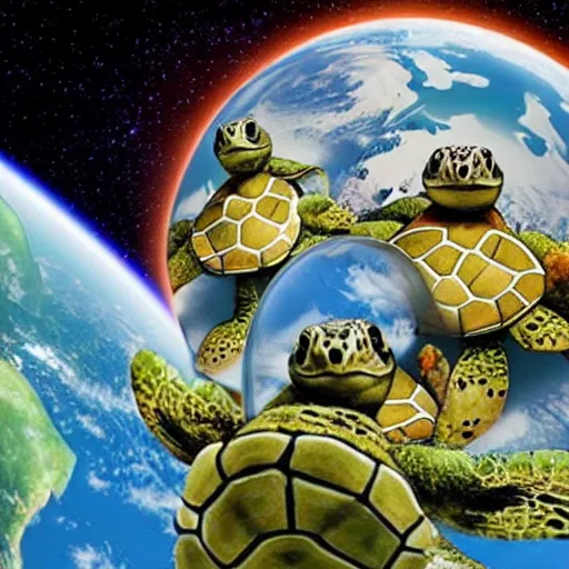 Image similar to a stack of turtles in space beneath a globe of the earth, earth globe on top