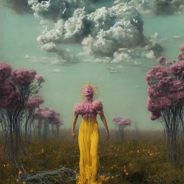 Image similar to A woman wearing clothes made out of thunder clouds and flowers, people floating in the sky, apocalypse, yellow skin, Masterpiece, glowing, wires everywhere, by Edgar Maxence and Ross Tran, Zdzisław Beksiński, and Michael Whelan, distant, gustav dore, H.R. Giger, 8k, octane render