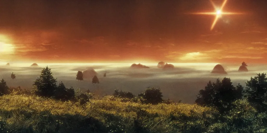 Prompt: still frame from the lost 1 9 9 6 workprint of star wars in tudor england, han solo, trees, hills, thick heavy fog, sunset, golden hour, blue hour, three suns, dramatic cloud filled sky, by quentin tarantino, stanley kubrick, gerald brom, greg rutkowski, photo realism, unreal engine, c 4 d ”