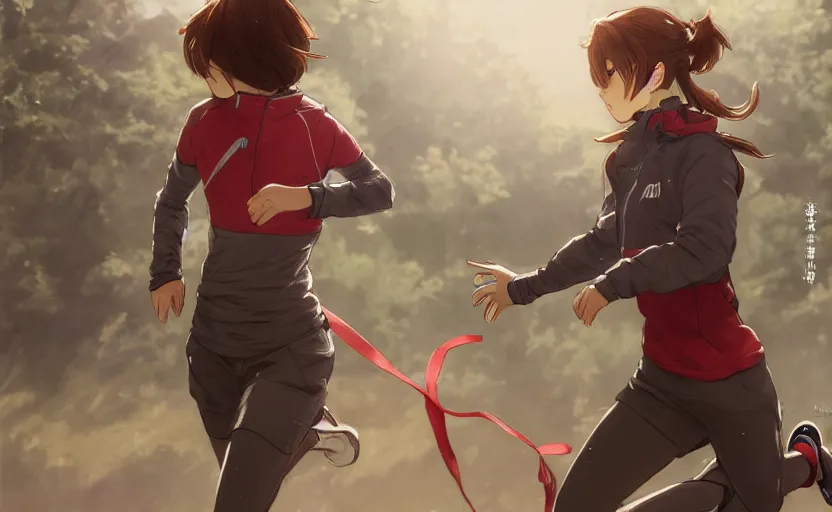 Image similar to a girl is running, red sport clothing, marathon, anime style, symmetrical facial features, brown short hair, hair down, from arknights, hyper realistic, rule of thirds, extreme detail, detailed 4 k drawing, safebooru, realistic lighting, by alphonse mucha, greg rutkowski, backlit