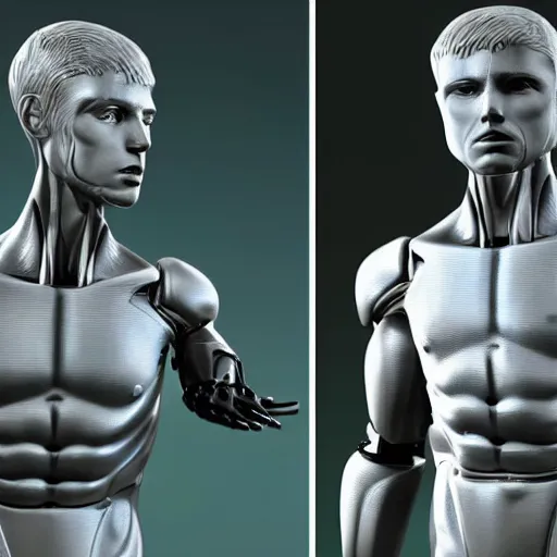 Image similar to a realistic detailed photo of a guy who is an attractive humanoid who is half robot and half humanoid, who is a male android, attractive and handsome soccer players, shiny skin, posing like a statue, blank stare, in a factory, on display, showing off his muscles, wearing soccer shorts, side view, looking at each other mindlessly