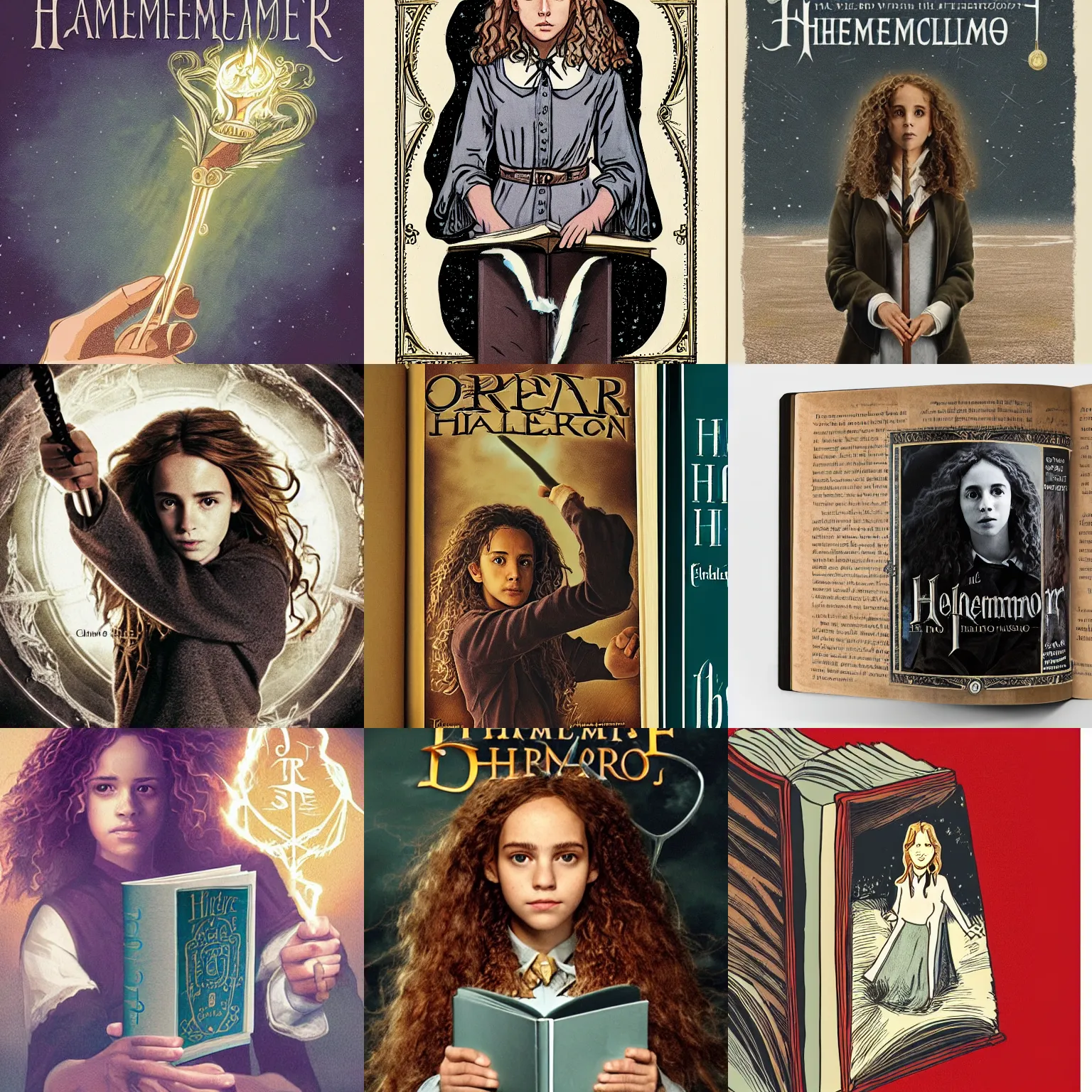 Prompt: A book, the cover art is an image of Hermione Granger holding the elder wand