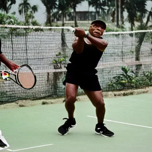 Prompt: mike tyson in vietnam playing tennis