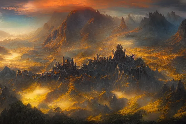 Prompt: fantasy painting, aerial view of an ancient land, sunset and ominous shadows over the kingdom, brutalist rivendell eden by jessica rossier and brian froud