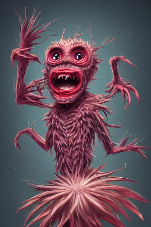 Image similar to a humanoid figure dandelion raspberry monster, large eyes and menacing smile, highly detailed, digital art, sharp focus, trending on art station, anime art style