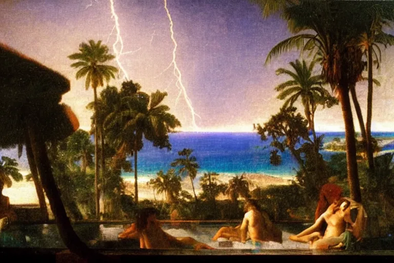 Prompt: mediterranean balustrade, refracted lightnings on the ocean, thunderstorm, greek pool, beach and Tropical vegetation on the background major arcana sky and occult symbols, by paul delaroche, hyperrealistic 4k uhd, award-winning, very detailed paradise