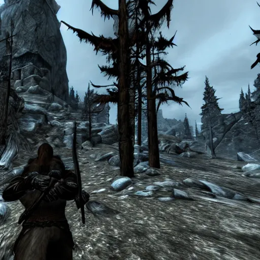 Prompt: skyrim re - imagined as a first person shooter. the player is holding a rifle with a scope.